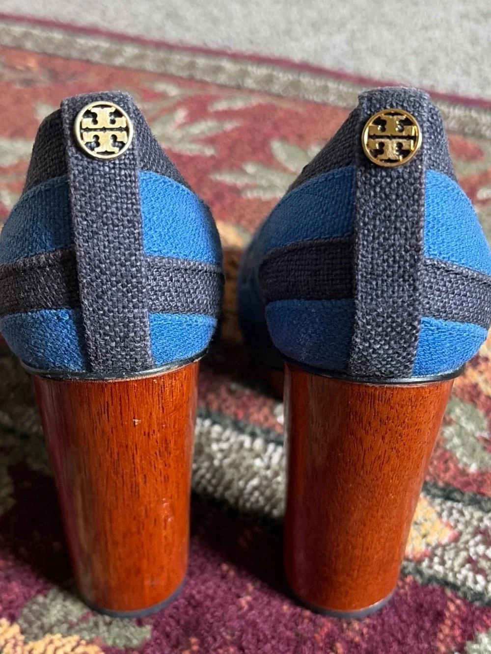Tory Burch Blue and Navy Canvas Block Heel Pumps with Gold Logo